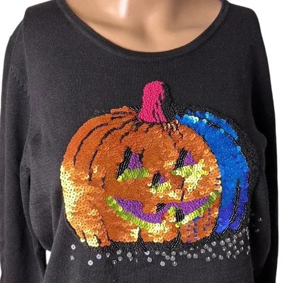 Y2K rare Michael Simon sweater,Halloween pumpkin sequins,2004, PTP 17.5-20”, EC - Picture 9 of 17